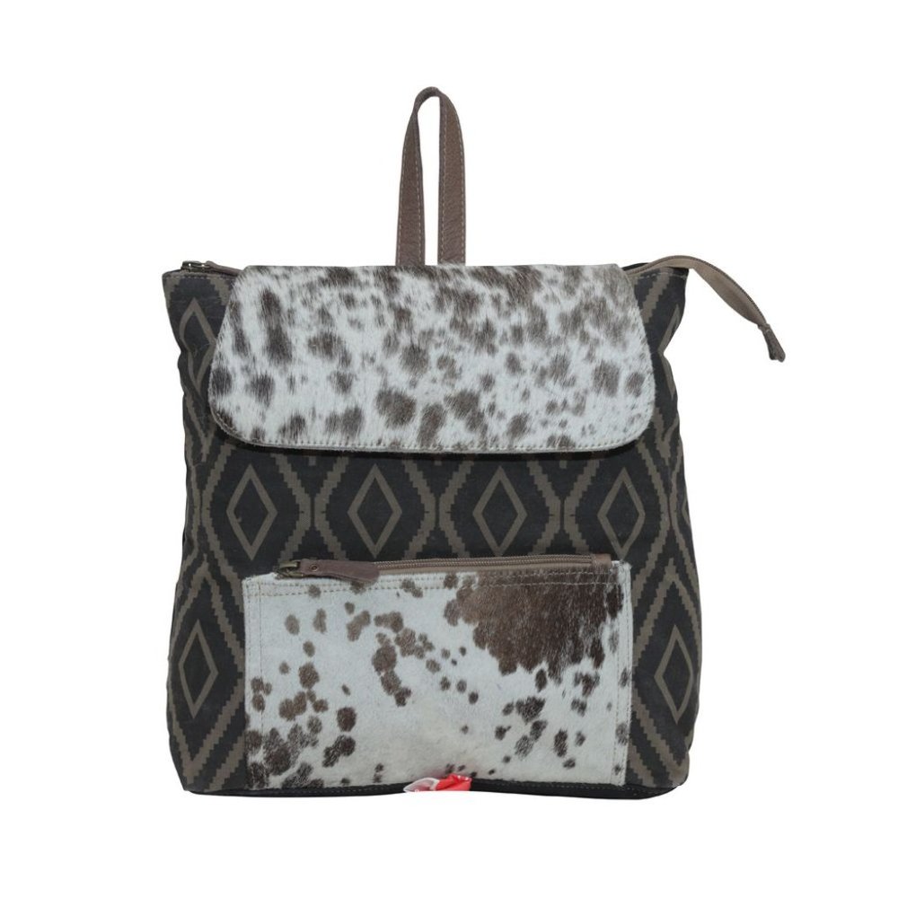 Myra Bag Handmade Mocha Backpack Upcycled Canvas & Cowhide Leather - Picture 3 of 10